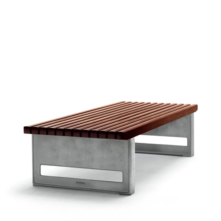Banc Block, Acajou, large, support en aluminium brut