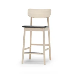 Chaise de bar Prima Vista, cuir elmo noir, structure en bouleau huilé blanc