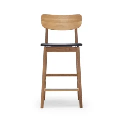 Chaise de bar Prima Vista, cuir elmo noir, structure en chêne huilé naturel