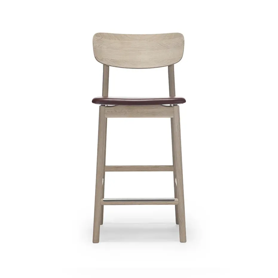 Chaise de bar Prima Vista, cuir elmo marron foncé, structure en chêne huilé blanc