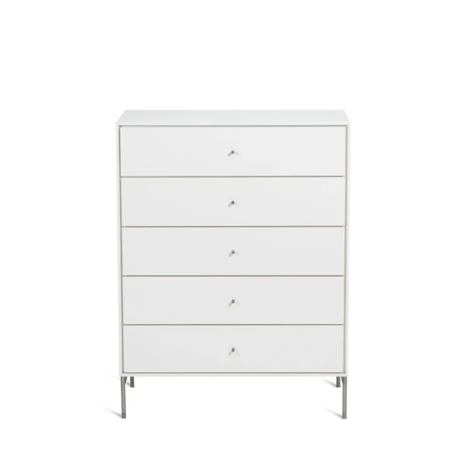 Commode Volt 5 tiroirs laquée blanche, Détails en acier inoxydable