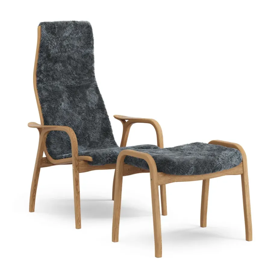 Fauteuil et repose-pieds Lamino chêne huilé/peau de mouton, Charbon (gris foncé)