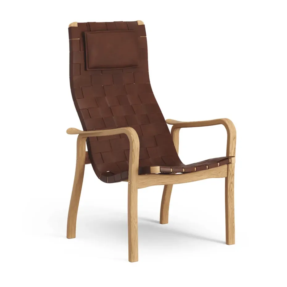 Fauteuil haut Primo avec repose-nuque chêne huilé, Bande en cuir brun-rouge