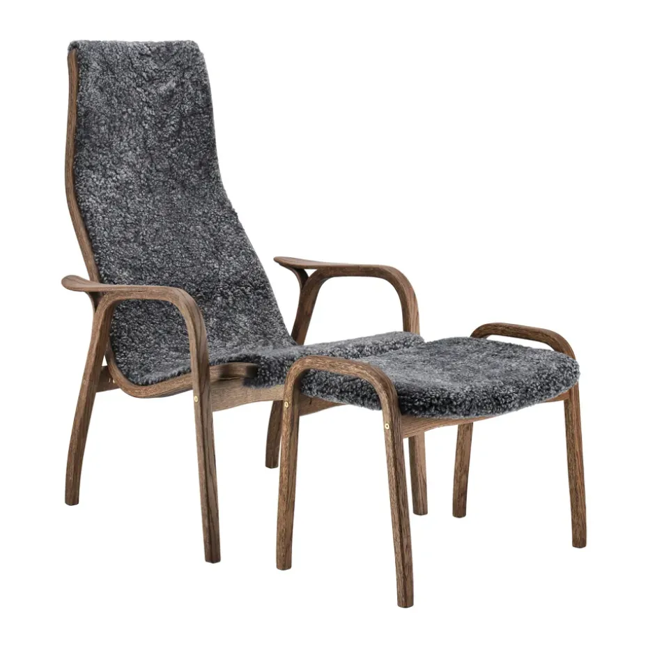 Fauteuil Lamino et repose-pieds en chêne/peau de mouton Special Edition, Rubio Monocoat Chocolate-Charcoal