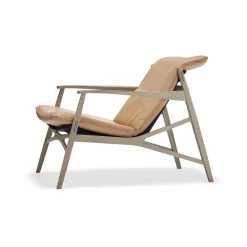 Fauteuil lounge Link, cuir naturel, chêne huilé blanc, toile noire