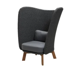 Fauteuil lounge Peacock Highback, Cane-Line Natté Dark grey, incl. coussins gris, pieds en teck