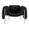 Fauteuil lounge Puffy, Black leather-acier inoxydable