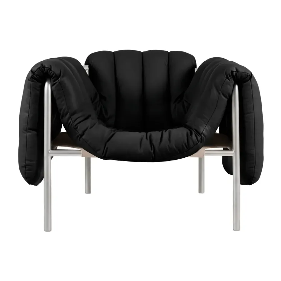 Fauteuil lounge Puffy, Black leather-acier inoxydable