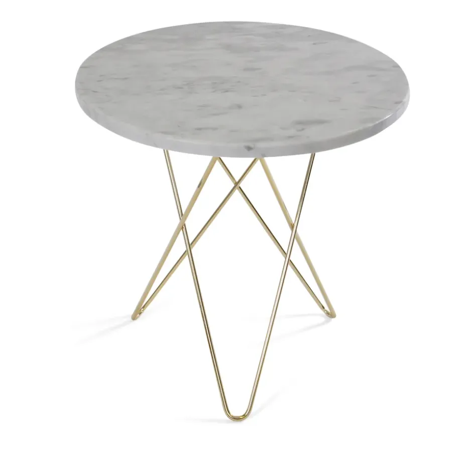 Mini table d'appoint O Tall Ø50 H50, structure en laiton, marbre blanc