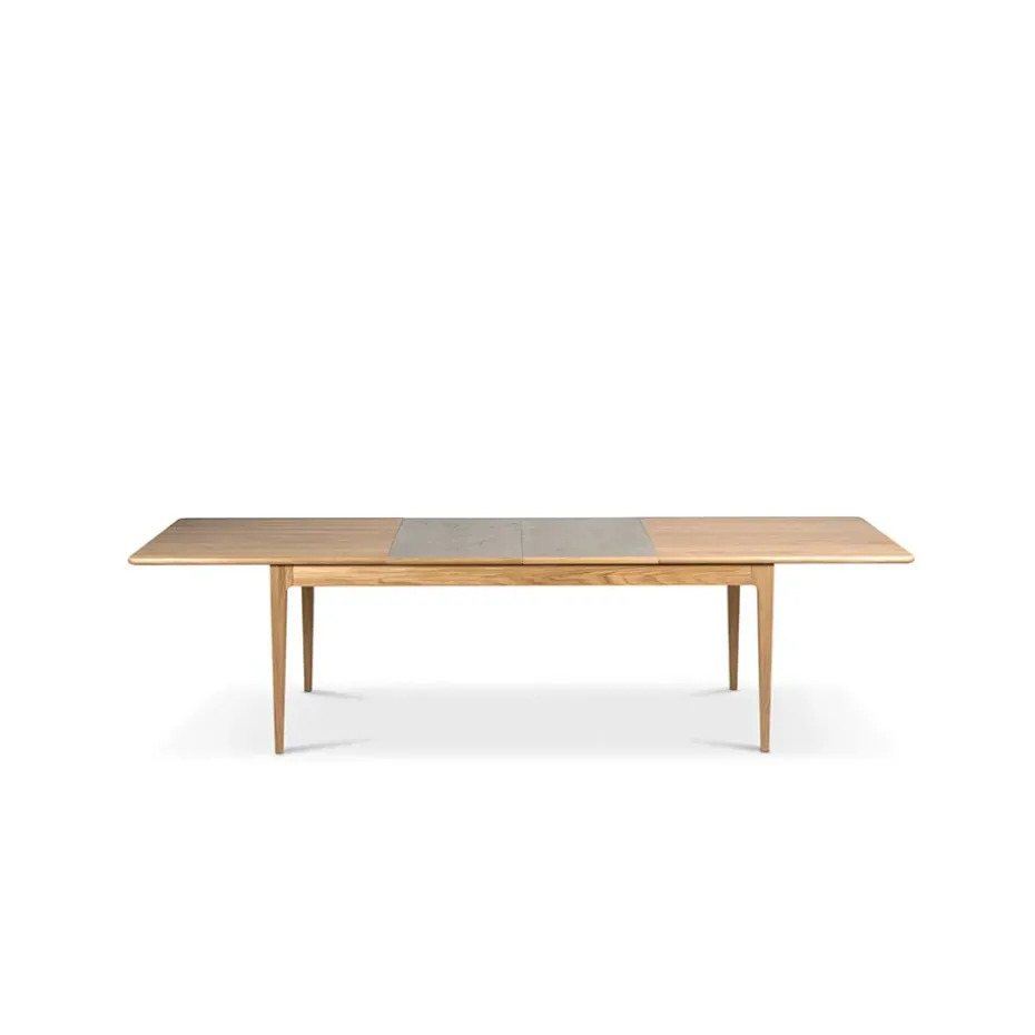 Table à manger Höllviken, Chêne blanchi mat laqué, 2 rallonges, pierre calcaire Ø50 cm