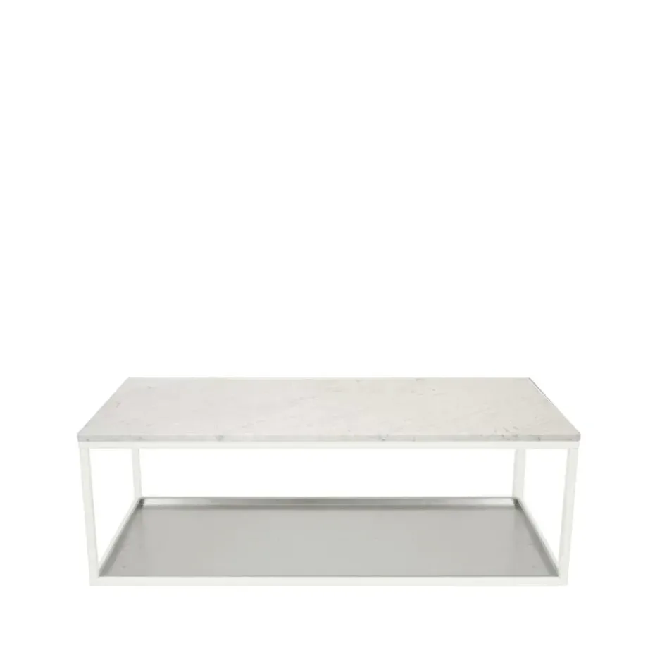 Table basse 11, marbre blanc, structure laquée blanc, plateau en zinc