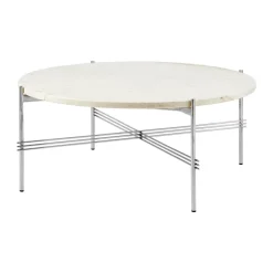 Table basse en acier poli TS Ø80, Neutral white travertine