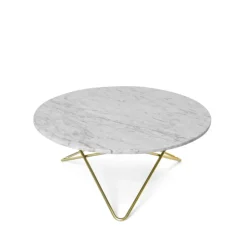 Table basse O, marbre blanc, support en laiton