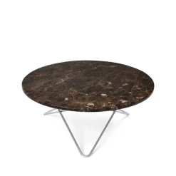 Table basse O, marbre marron, support en acier inoxydable