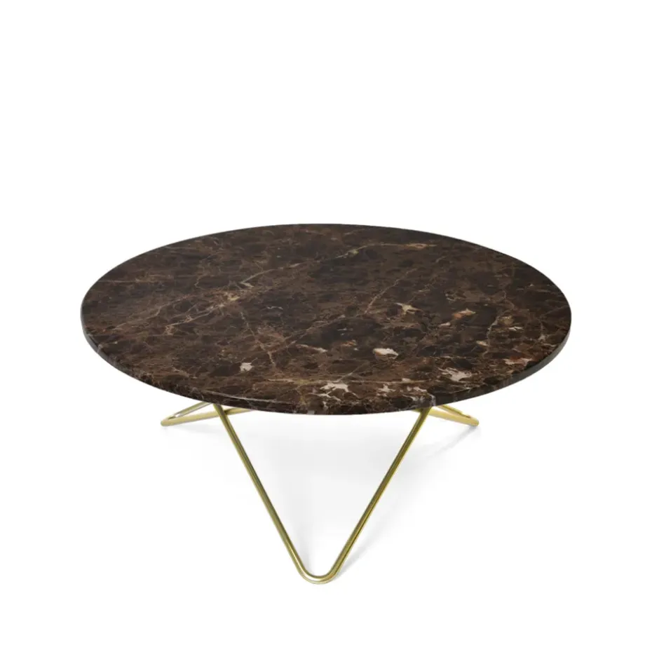 Table basse O, marbre marron, support en laiton