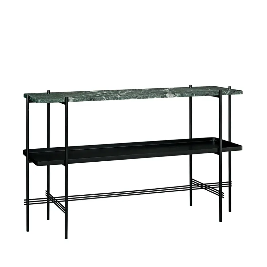 Table d’appoint TS Console 120x30x72 cm, green guatemala marble, structure noire, avec plateau