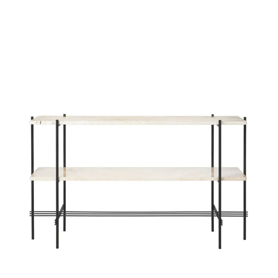 Table d’appoint TS Console 120x30x72 cm, natural white travertine, structure noire, 2 étagères en marbre