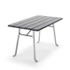 Table Seriff, Lasure acajou noire, support en aluminium brut