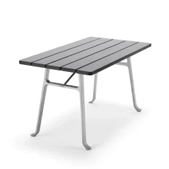 Table Seriff, Lasure acajou noire, support en aluminium brut