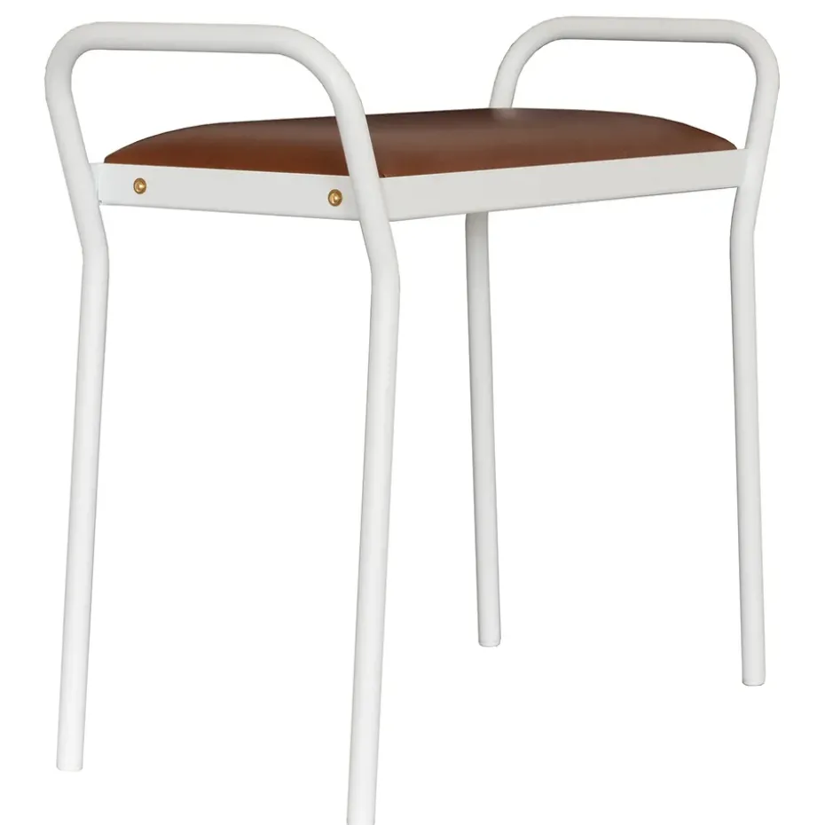 Tabouret Anyone, Blanc avec cuir cognac vintage