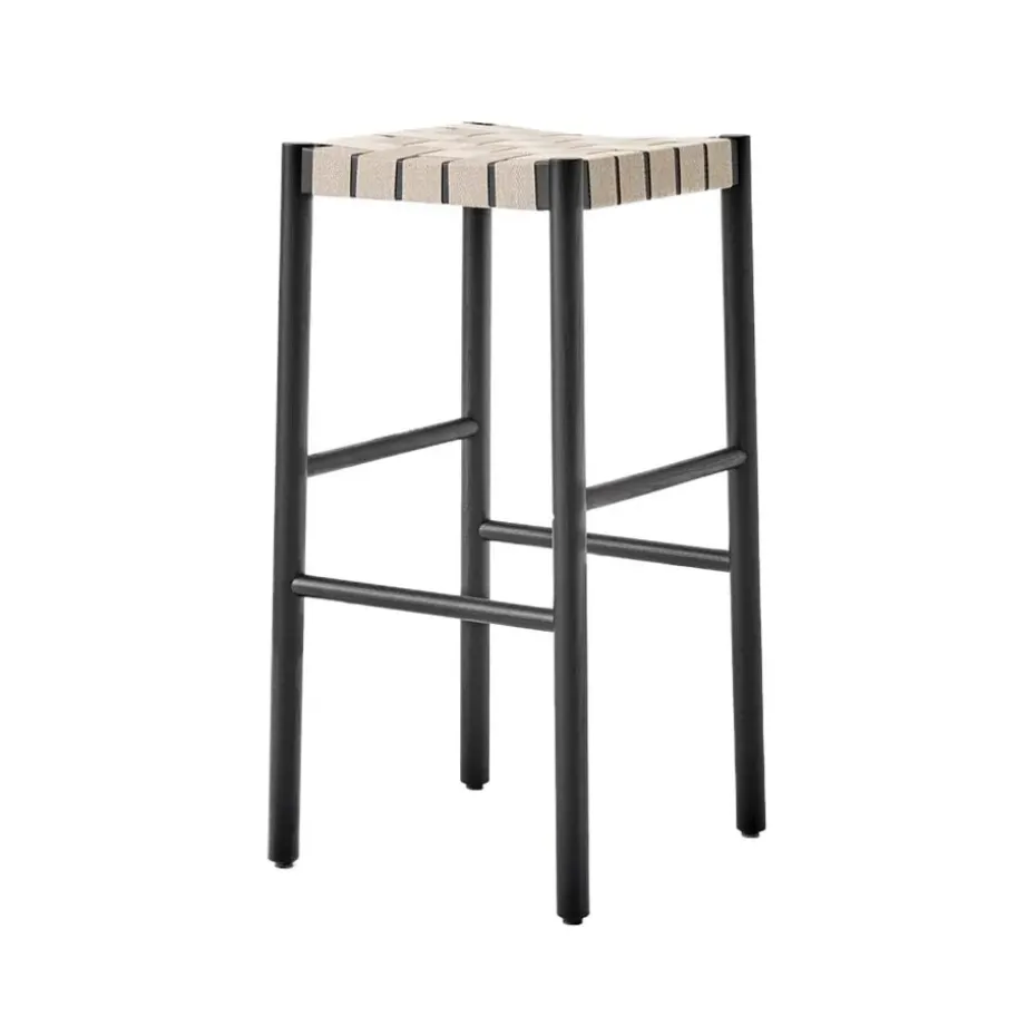 Tabouret de bar Betty TK8, black, assise en ruban de lin tressé naturel