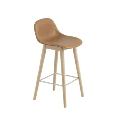 Tabouret de bar Fiber avec dossier 75 cm, Cuir cognac-pieds en chêne
