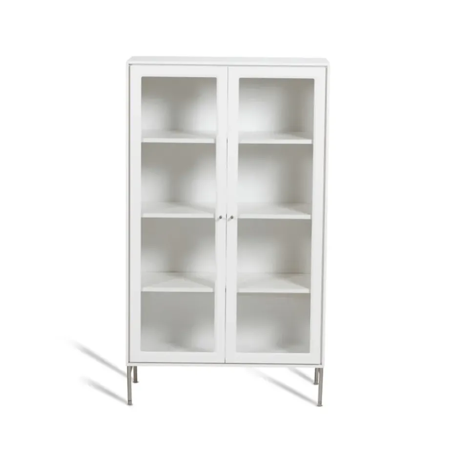 Vitrine Volt 130 cm laquée blanche, Détails en acier inoxydable