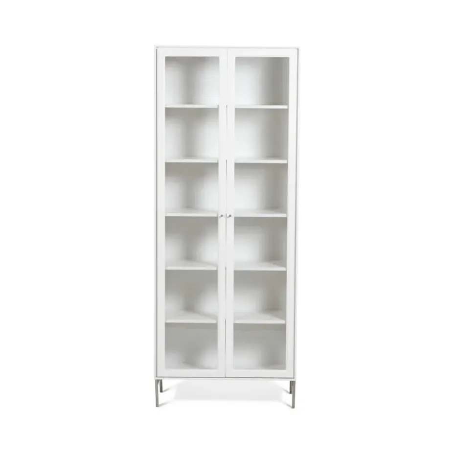 Vitrine Volt 190 cm laquée blanche, Détails en acier inoxydable